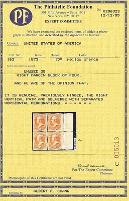 SC# 163 UNUSED ORIGINAL GUM PREVIOUSLY HINGED 15 CENT WEBSTER, 1873, PF CERT