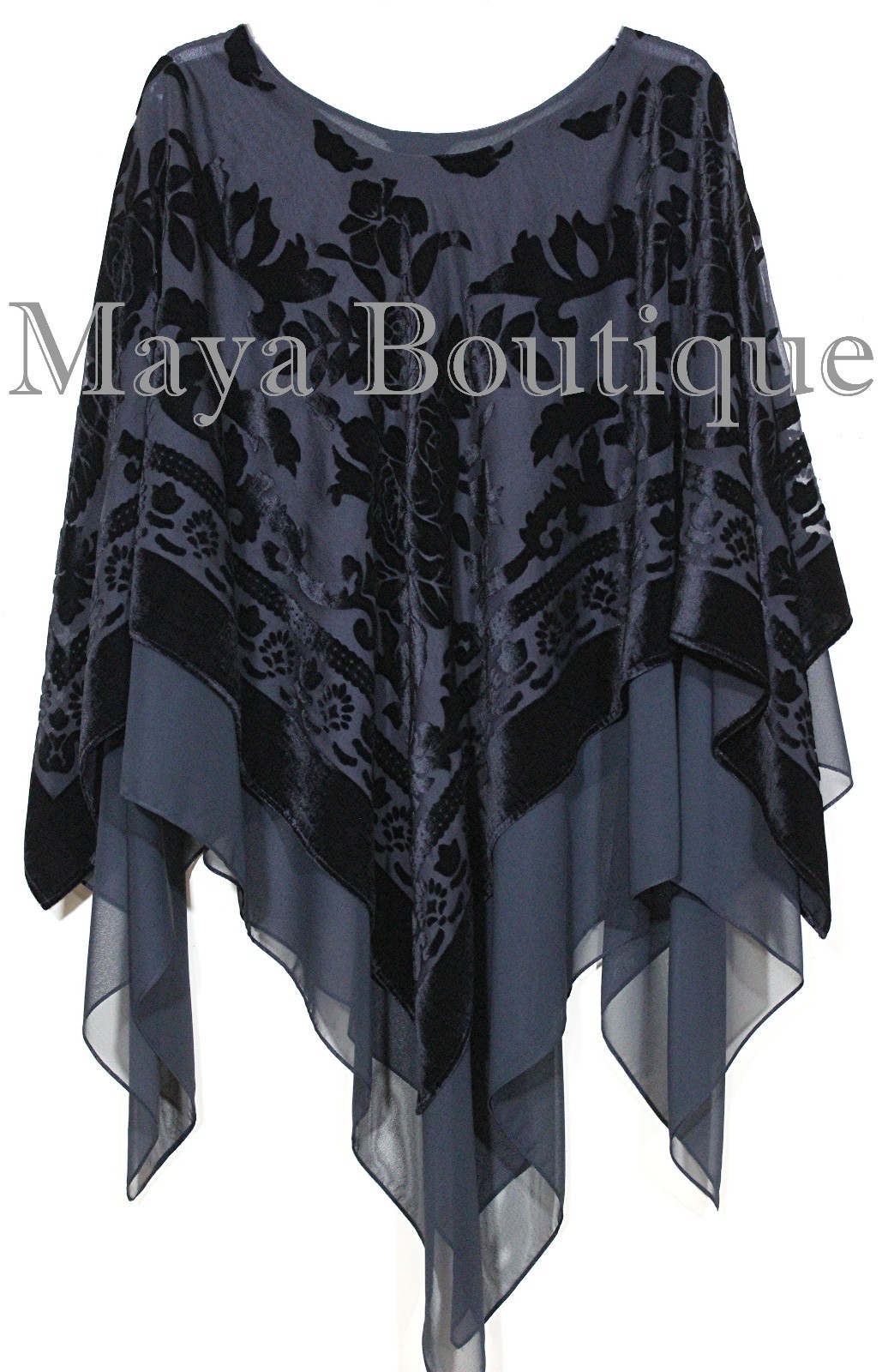 Pre-owned Maya Matazaro Black  Layered Poncho Top Burnout Velvet & Chiffon Made In Usa