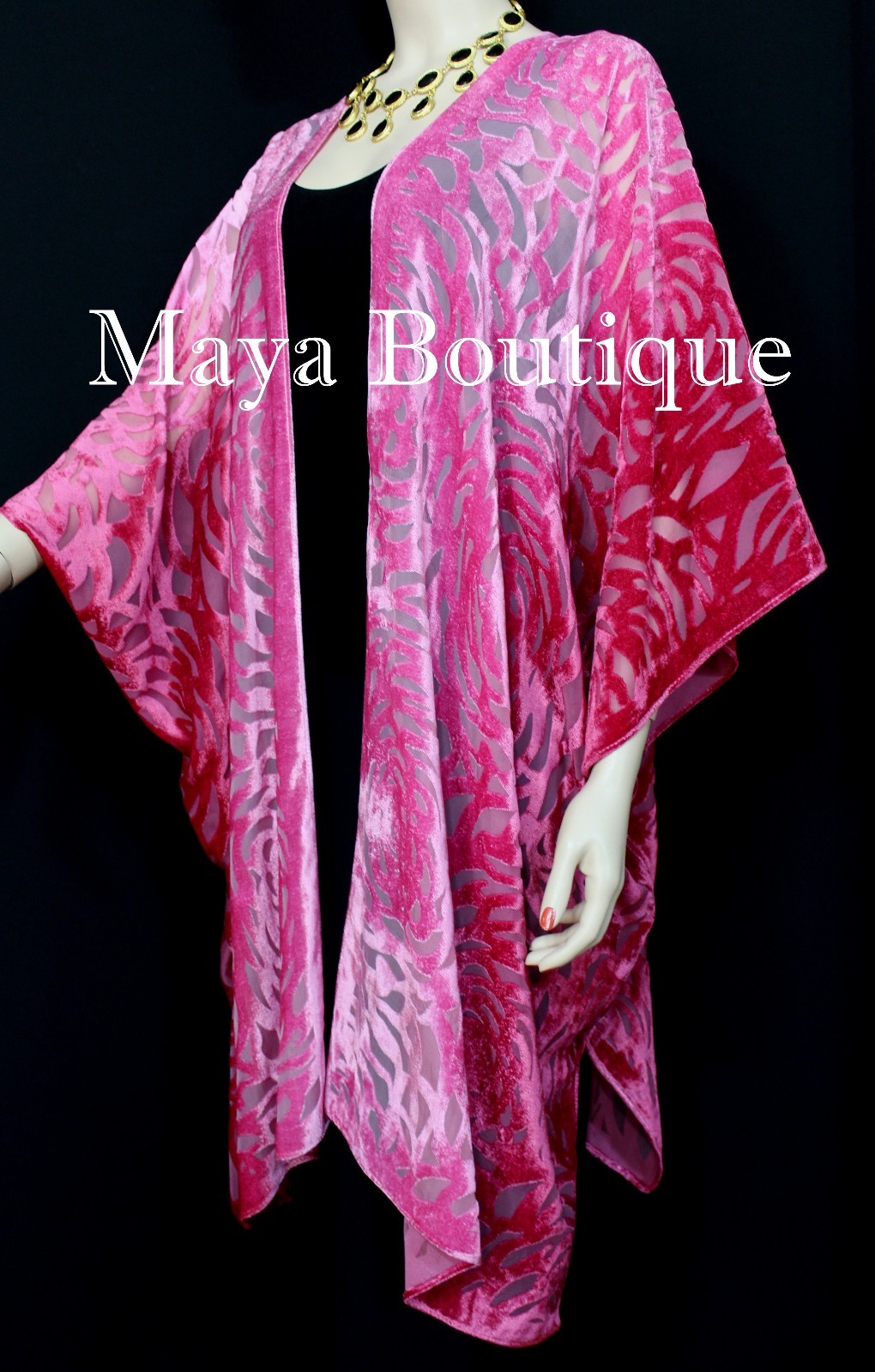 Pre-owned Maya Matazaro Pink Ombre Camellia Burnout Velvet Caftan Kimono Duster Hand Dyed