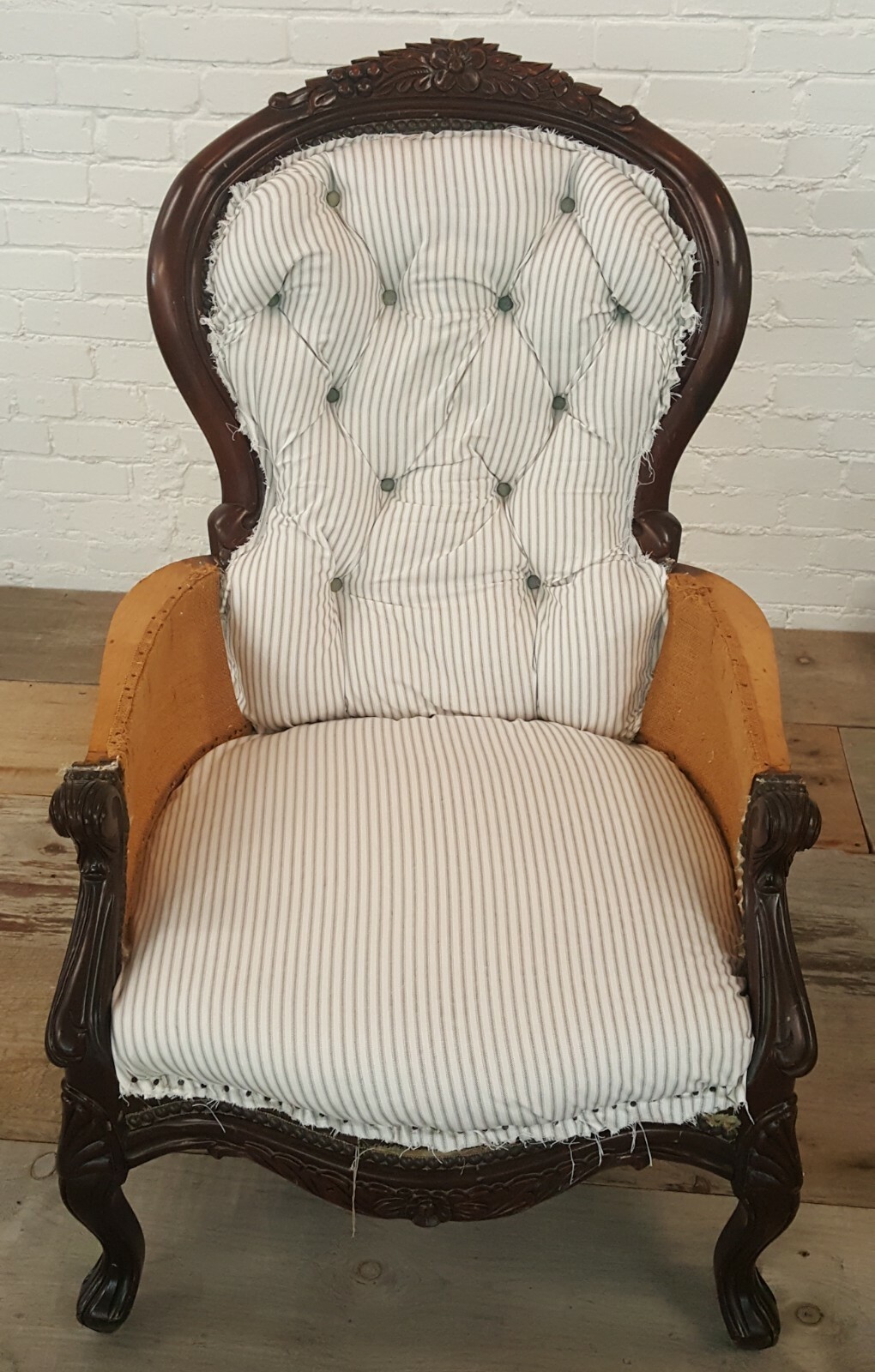 Vintage Deconstructed Gray& White Tufted Chair Farmhouse Style Burlap Furniture