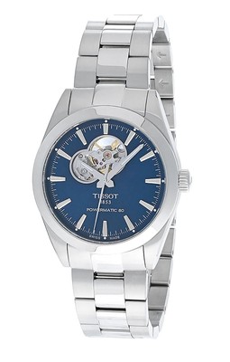 Pre-owned Tissot T-classic Gentleman Powermatic 80 Swiss Made Open Heart Blue Mens Watch