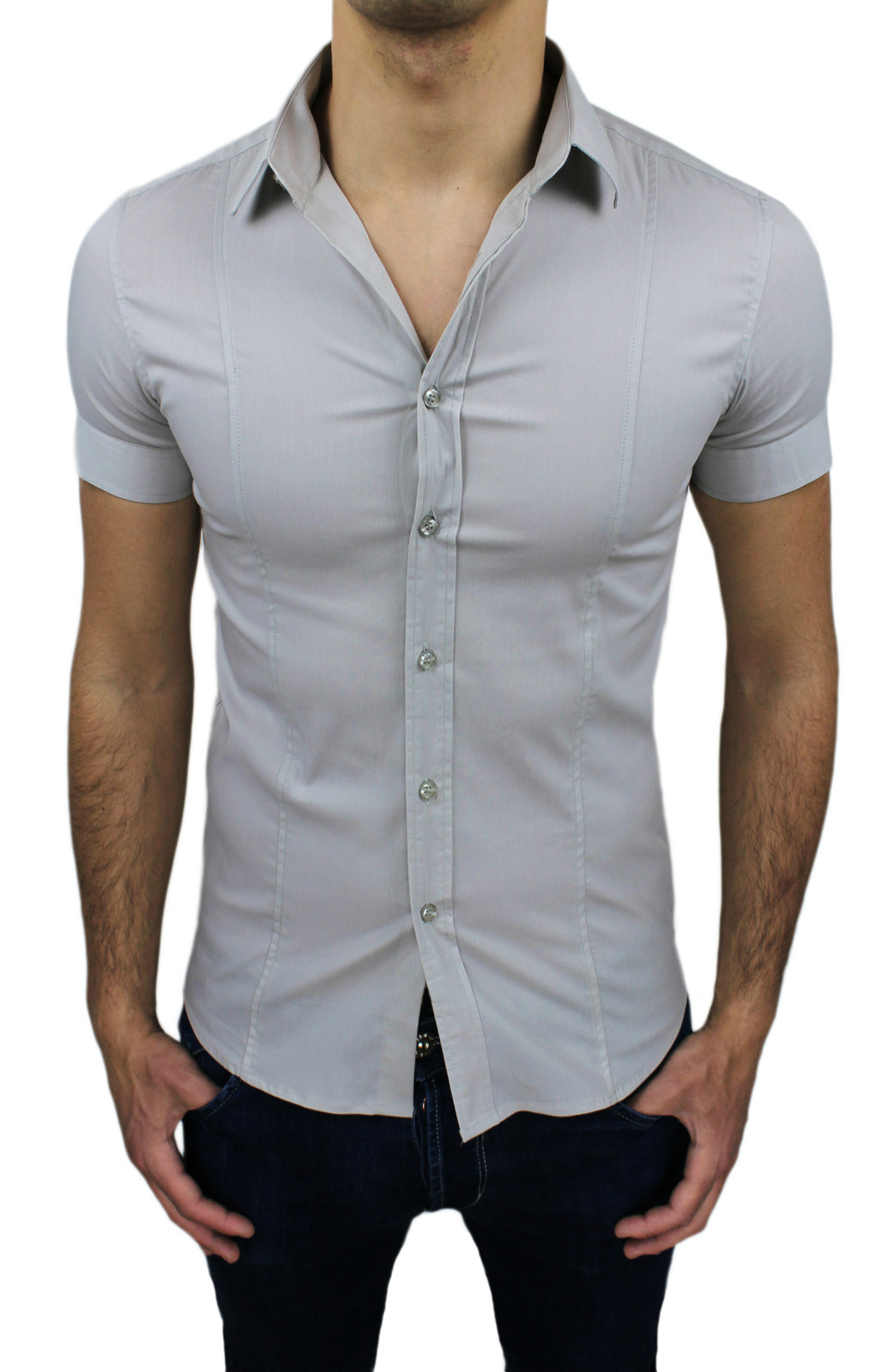 FANTASTICA CAMICIA UOMO CASUAL SLIM FIT GRIGIO MANICHE CORTE tag S M L ...