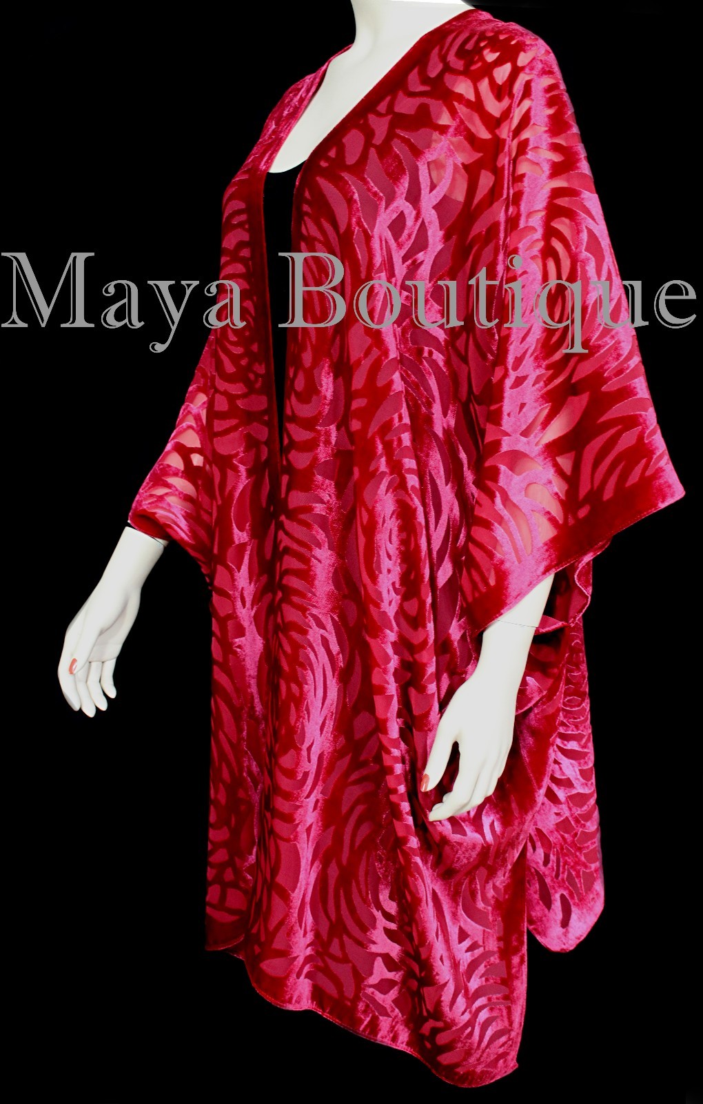 Pre-owned Maya Matazaro True Red Camellia Burnout Velvet Caftan Kimono Jacket Usa Made