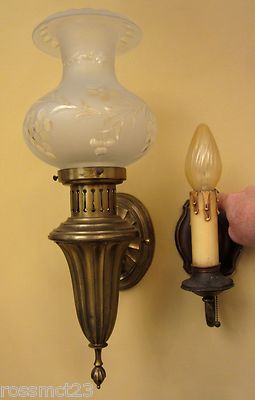 Vintage Lighting matched pair brass sconces Astral shades. Large