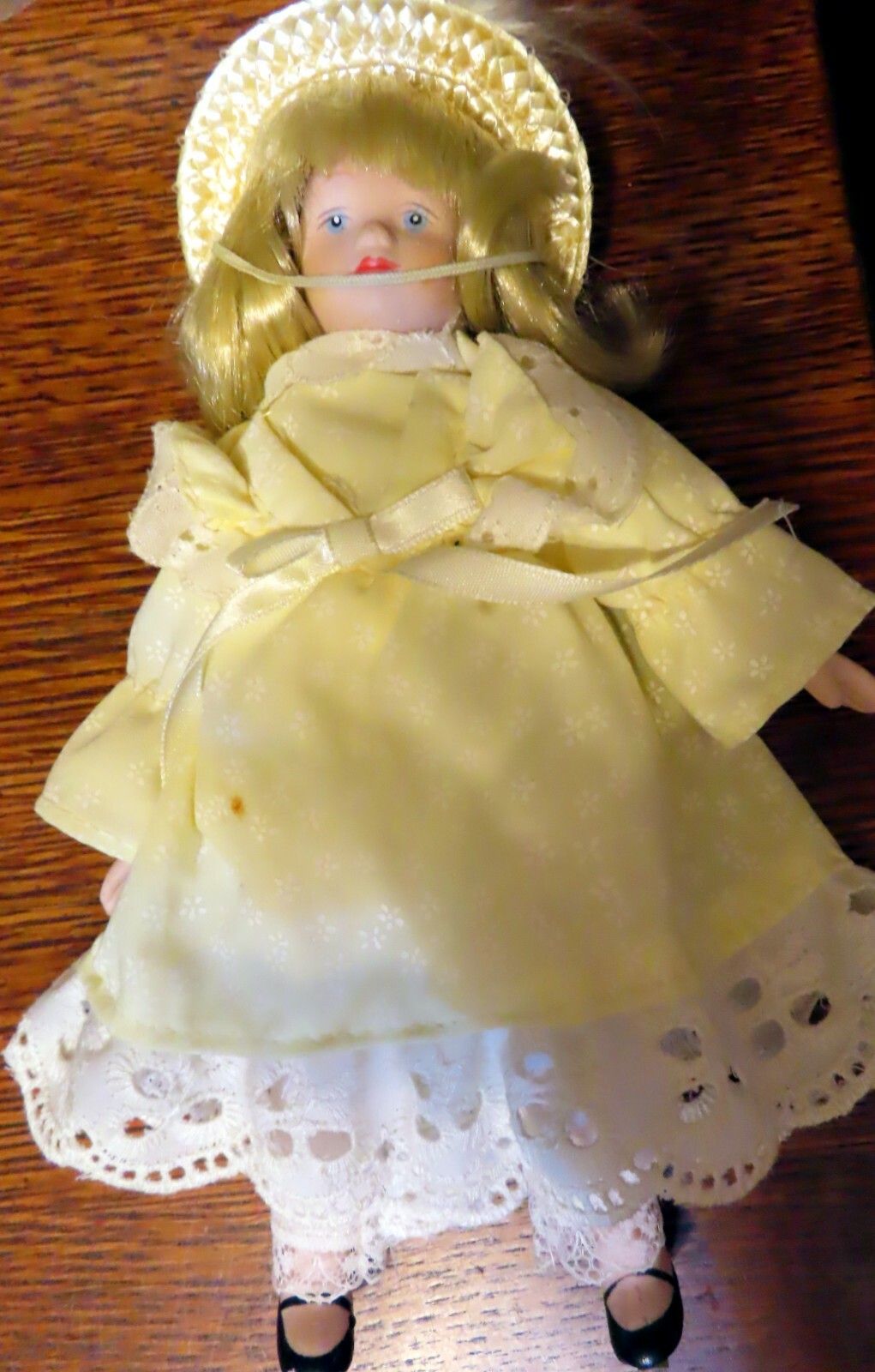 Vintage Porcelain Doll 8 Inch Blonde Blue Eyes Yellow Dress