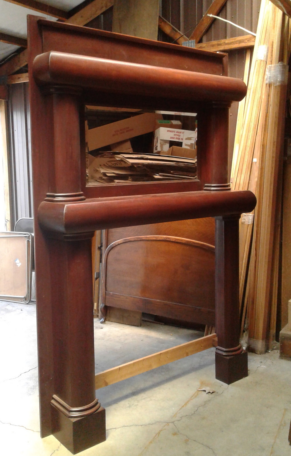 Mahogany Fireplace Mantel Antique Large with Full Columns Beveled Mirror
