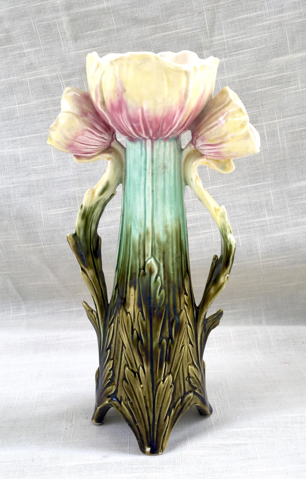 Antique Art Nouveau Ceramic Majolica Vase - Floral/Tulips - France?