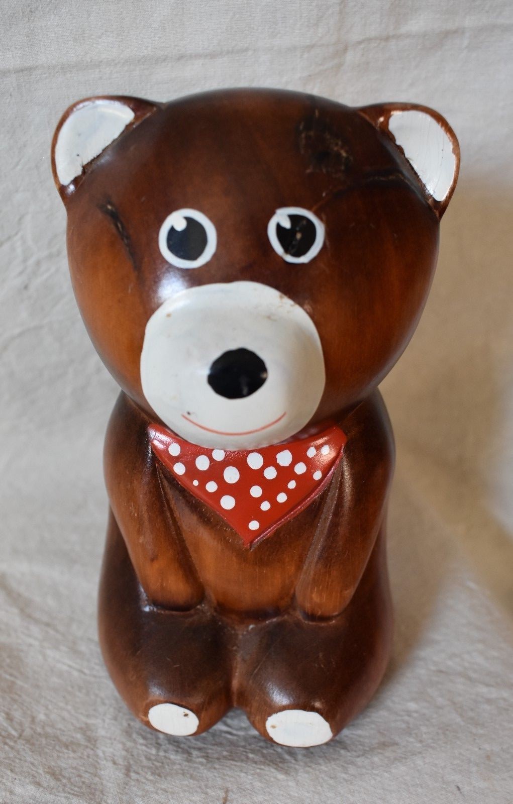 Teddy Bear Figurine Solid Wood with Painted Handkerchief and Face over 6 in tall