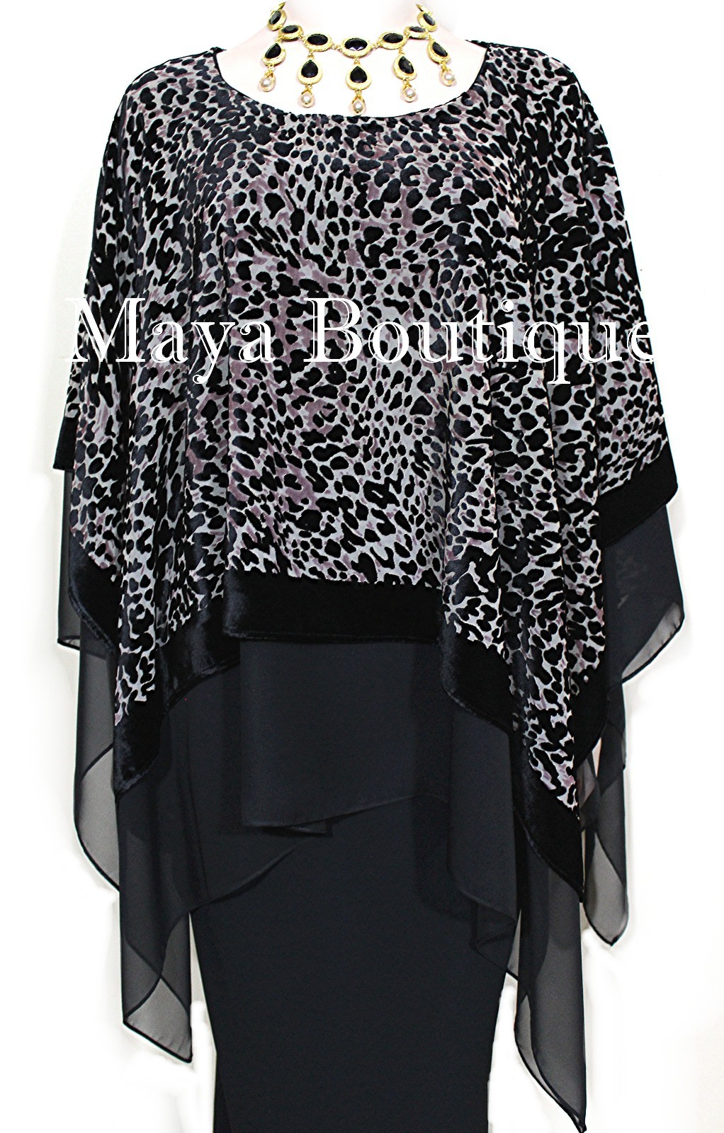 Pre-owned Maya Matazaro Layered Poncho Top Animal Print Burnout Velvet & Chiffon Usa Made In Multicolor
