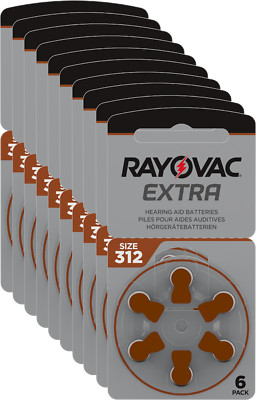 60 x Rayovac Extra Advanced 312 hearing aid batteries brown (10 x 6 blisters)...