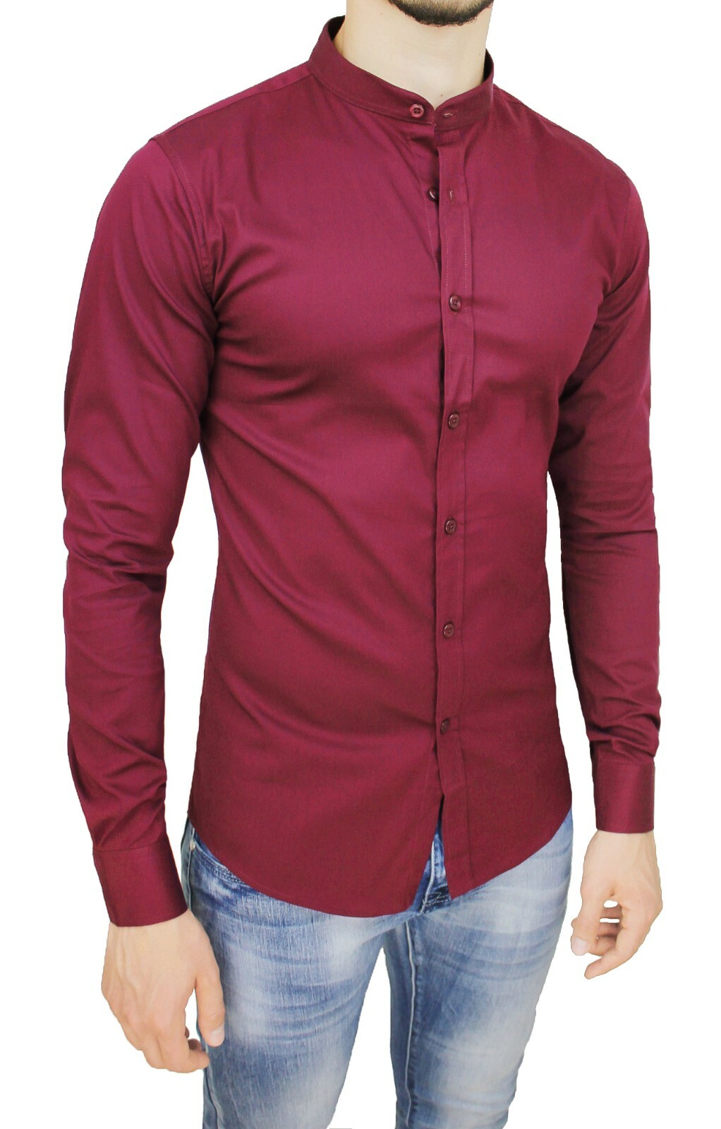 CAMICIA UOMO CASUAL SLIM FIT BORDEAUX COTONE STRETCH CON COLLETTO ALLA COREANA