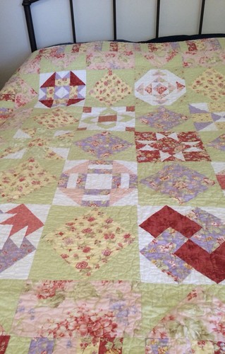 Quilted Pastel Floral Sampler Quilt, 60” x 60” Handmade