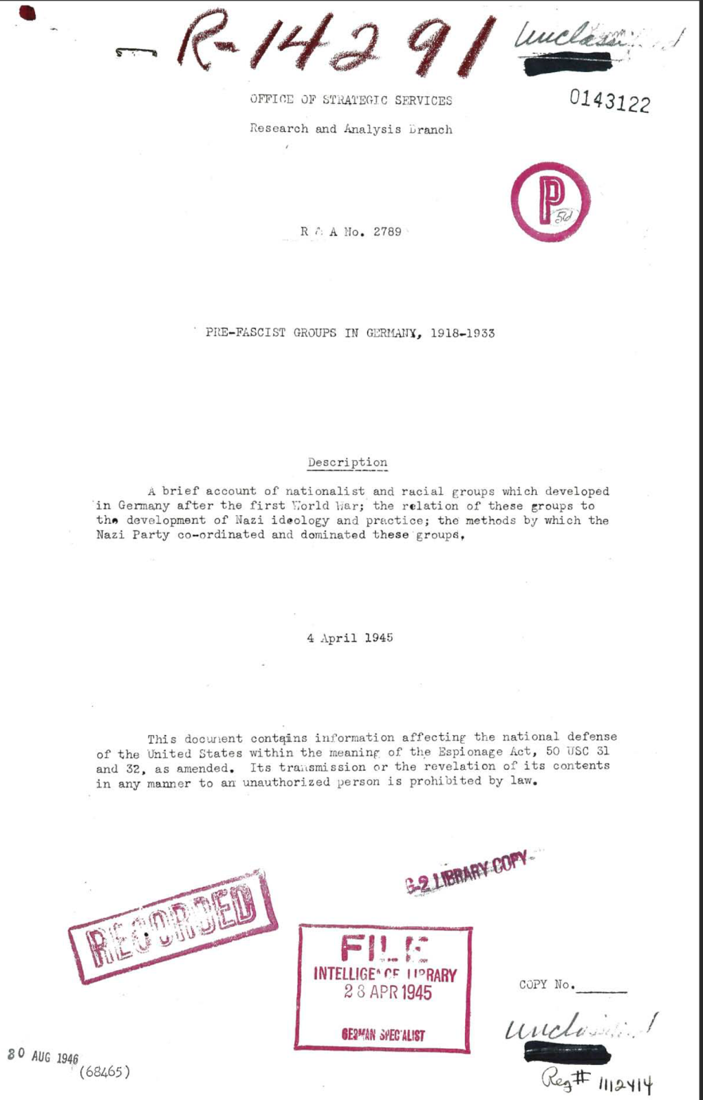 37 pg. Pre-Fascist Groups Germany Office Strategic Services OSS Study On Data CD