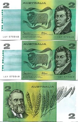 Uncirculated Consecutive Pair Australian $2 Three Banknotes (1985-1988) Last Iss