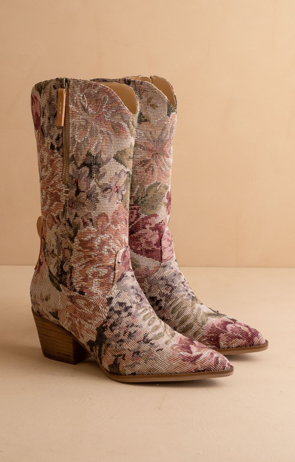 Vintage Floral Jacquard Tapestry Mid-Calf Western Boots