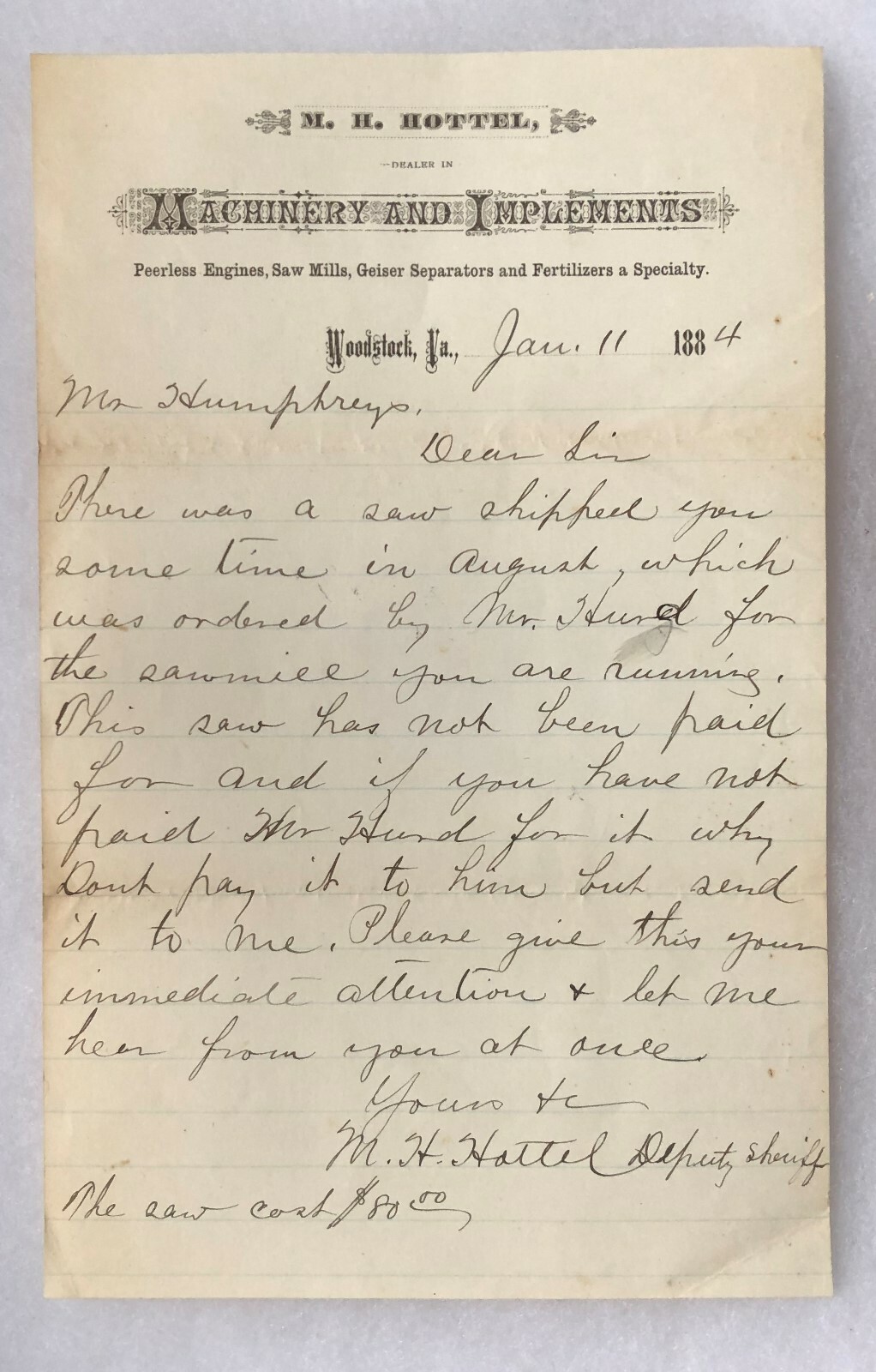 1884 ADVERTISING LETTERHEAD - WOODSTOCK VIRGINIA - M.H. HOTTEL