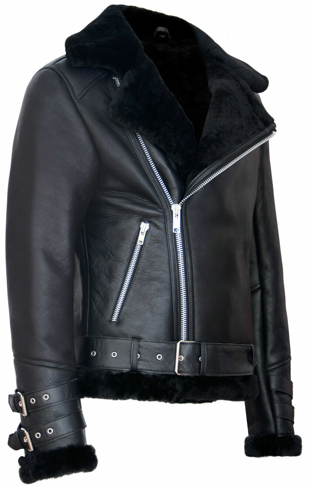 Pre-owned Infinity Men's Black Retro Raf B3 Pilot Real Sheepskin Shearling Biker Leather Jacket