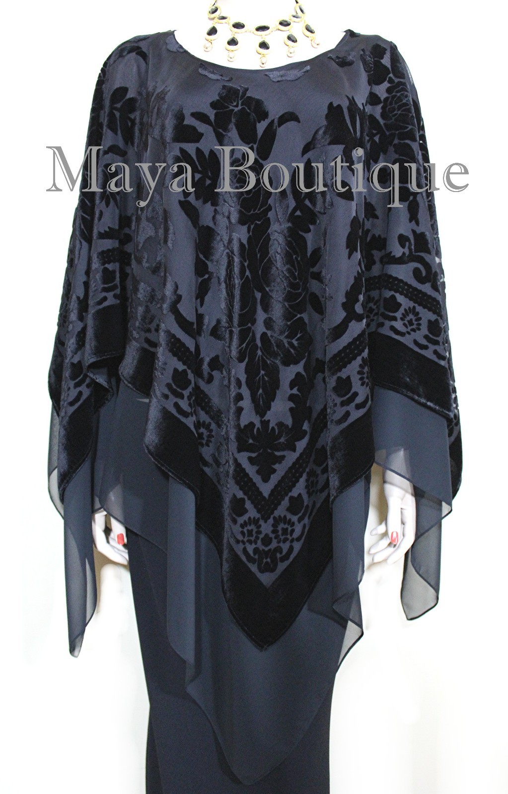 Pre-owned Maya Matazaro Black  Layered Poncho Top Burnout Velvet & Chiffon Made In Usa