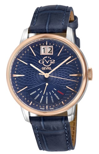 Pre-owned Gv2 By Gevril Men's 56215 Rovescio Black Leather Swiss Day-date Watch