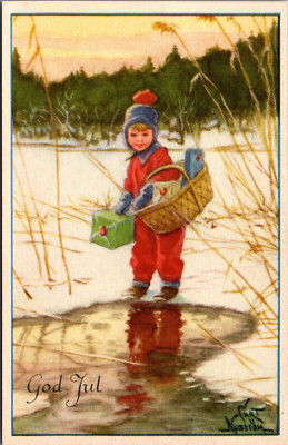 Happy New Year, Boy God Jul Curt Nystrom Vintage Postcard B190