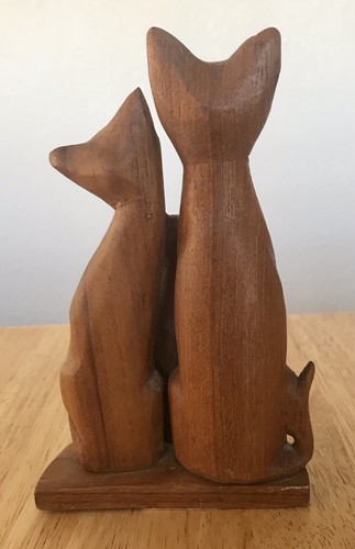 Hand Carved Vintage Wooden Wood Cat Family Mom Dad Baby Three Kitties Brown