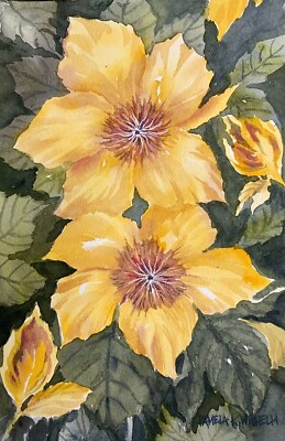 6 x9  Original Pamela Wilhelm Watercolor  Big Yellow Flowers Dark Green Leaves