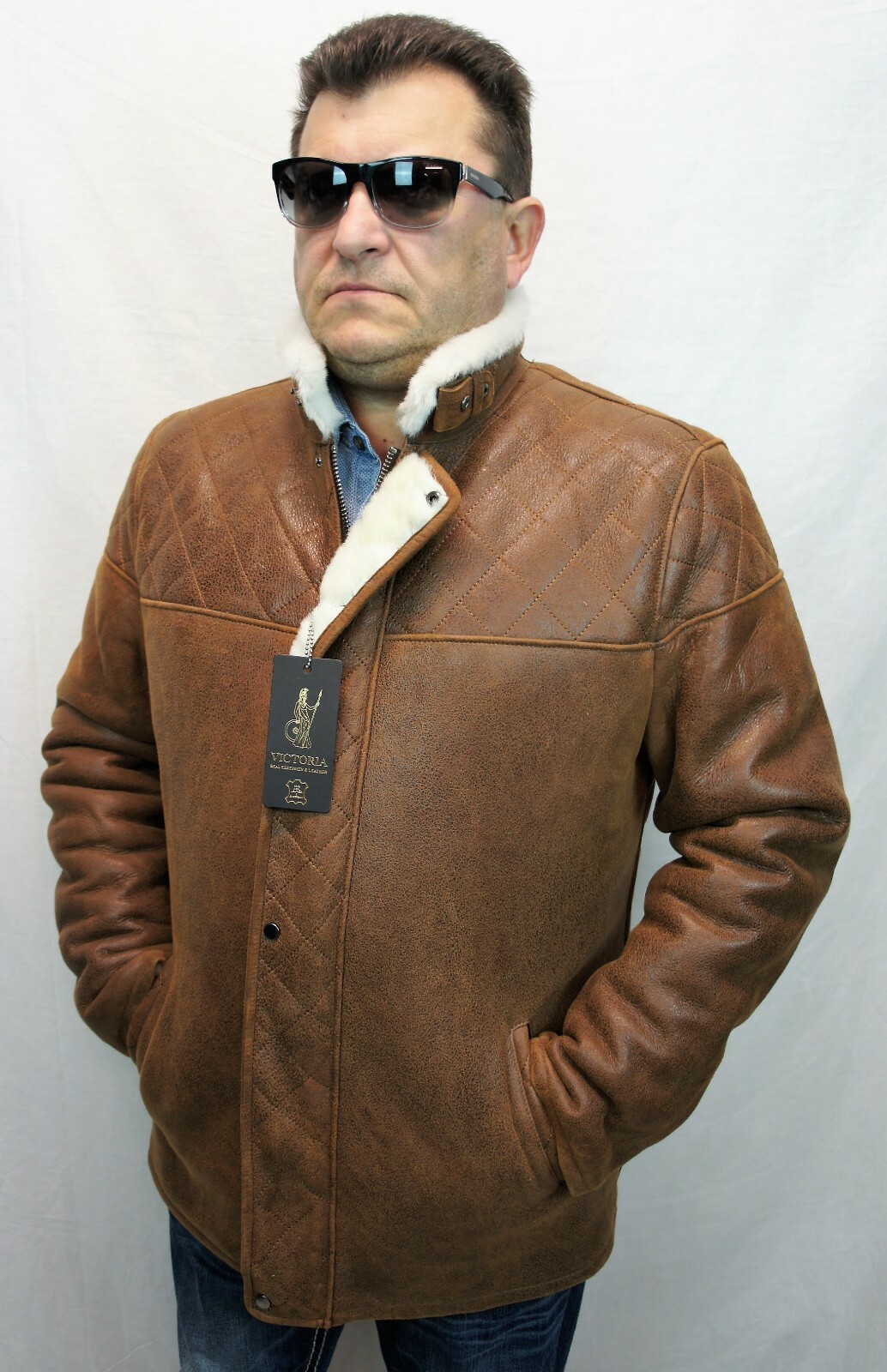 Pre-owned Victoria Real Sheepskin Shearling Leather Men Quilted Car Coat Jacket, Cognac Rust, S-8xl