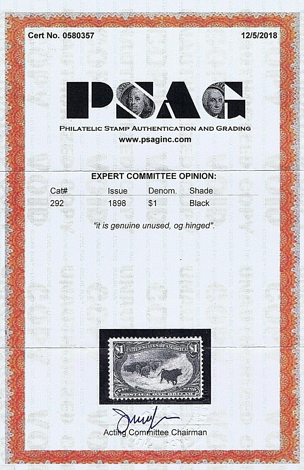 SC# 292 UNUSED ORIGINAL GUM HINGED $1 WESTERN CATTLE IN STORM, 1898, PSAG CERT