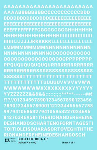 K4 HO Scale Water Slide Decals White 3/16 Inch Bold Gothic Letter Alphabet