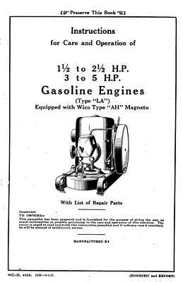 IHC 1/2 2-1/2 3 5 HP IH Model LA Stationary Engine International Owner's Manual
