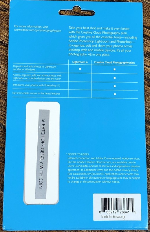 Adobe Creative Cloud Photoshop CC / Lightroom 12 Month Subscription Key Card