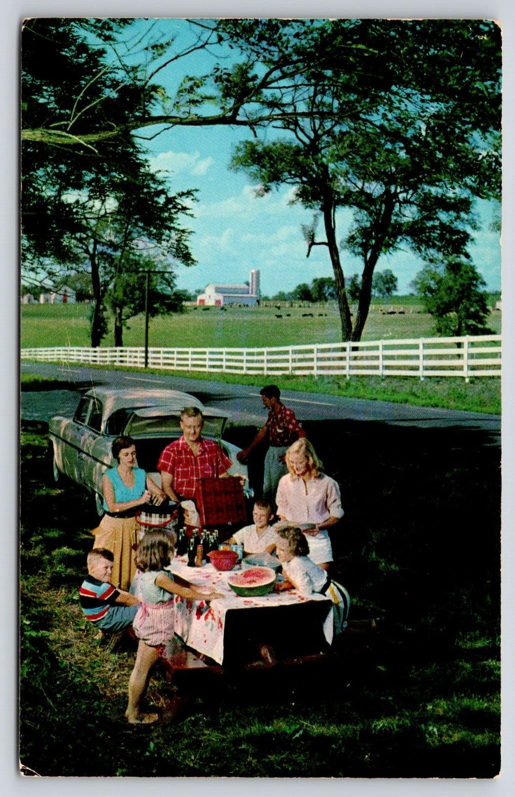 Kentucky Scenic Highway Rest Stop Area Family Picnic Scene Postcard UNP Farm