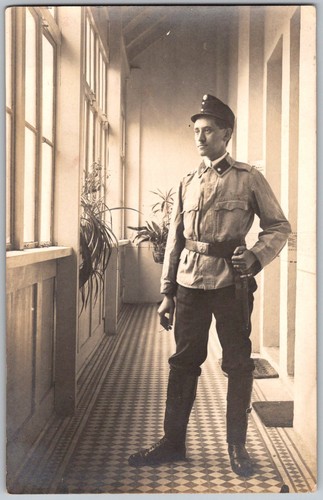 Vtg B&W Snapshot Soldier Uniform Cap Boots Sword Corridor 1920s