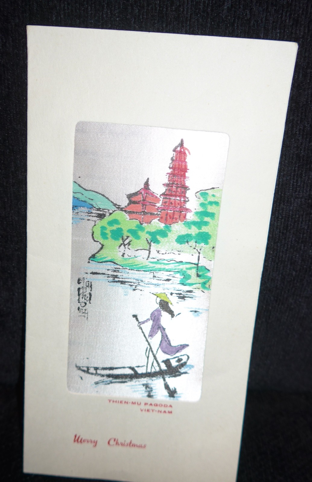 2 Vintage 1969 VIETNAM WAR ERA Hand SILK Painted Pictures VIETNAM Christmas Card