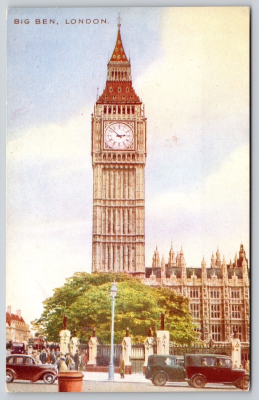 Big Ben Clock Tower London England United Kingdom Street View Old Cars Postcard