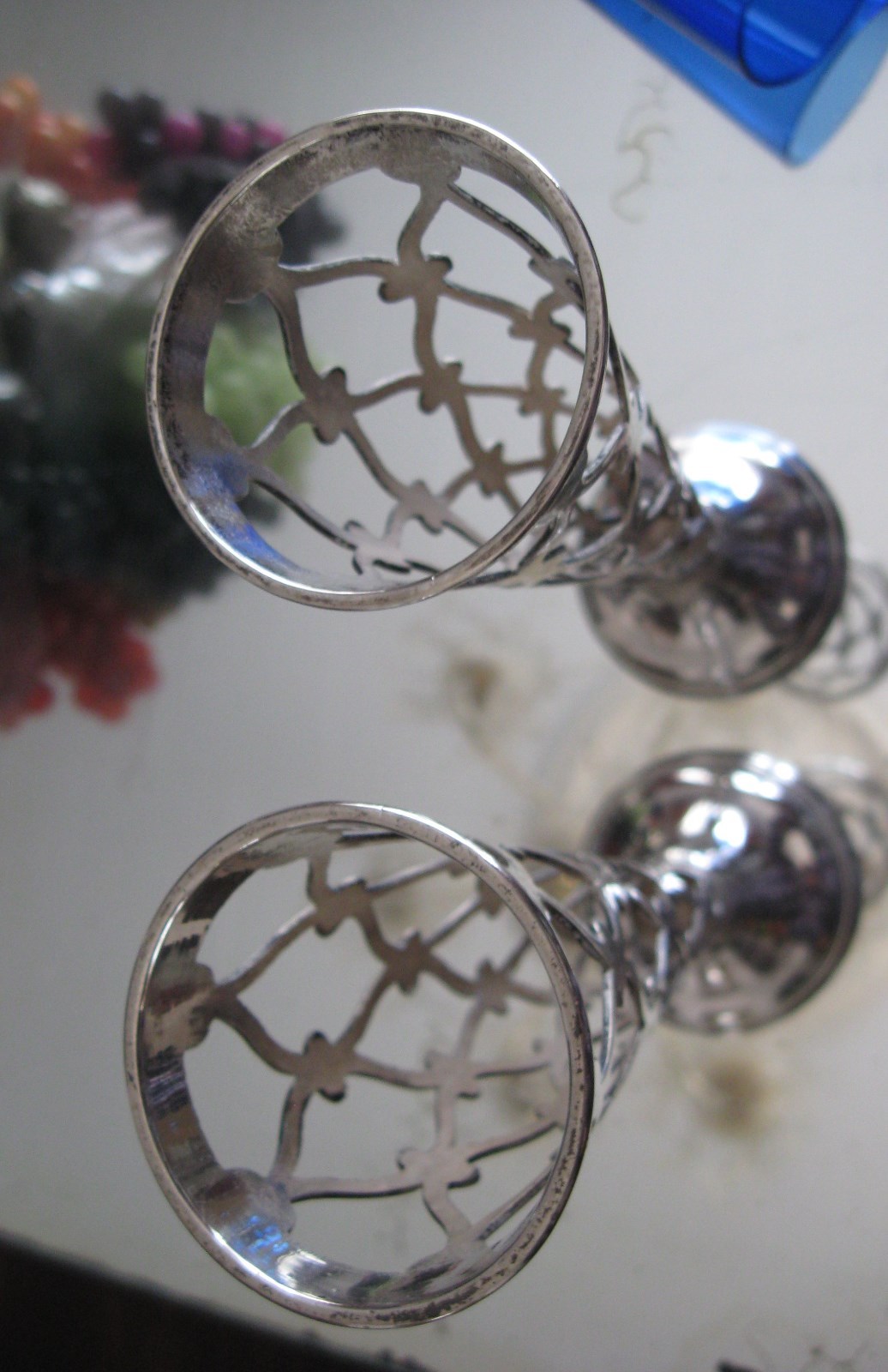 FABULOUS RARE PAIR  ATTENBOROUGH 1905 STERLING SILVER COBALT GLASS LINED VASES