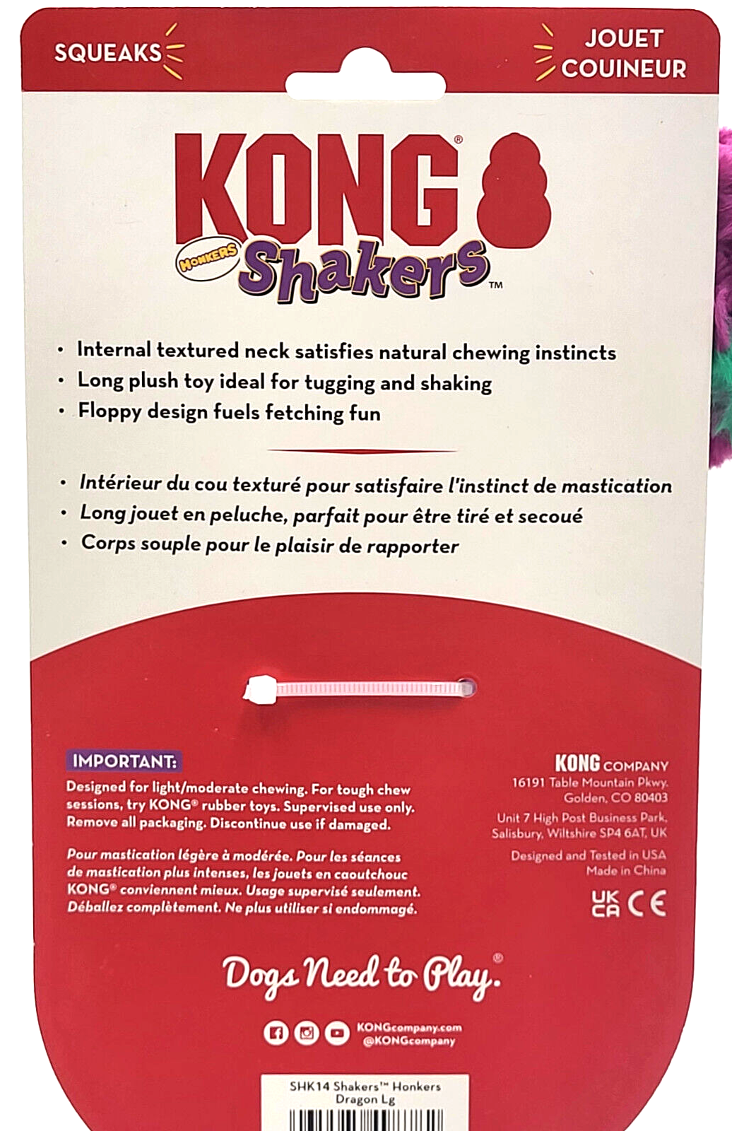 KONG Shakers Honkers Dragon LARGE Plush Squeaky Tug & Shake Dog Toy 17"