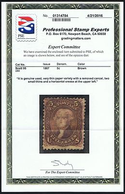 SCARCE GENUINE SCOTT #95 USED PSE CERT APPEARS MINT SCV $950  PRICED TO SELL