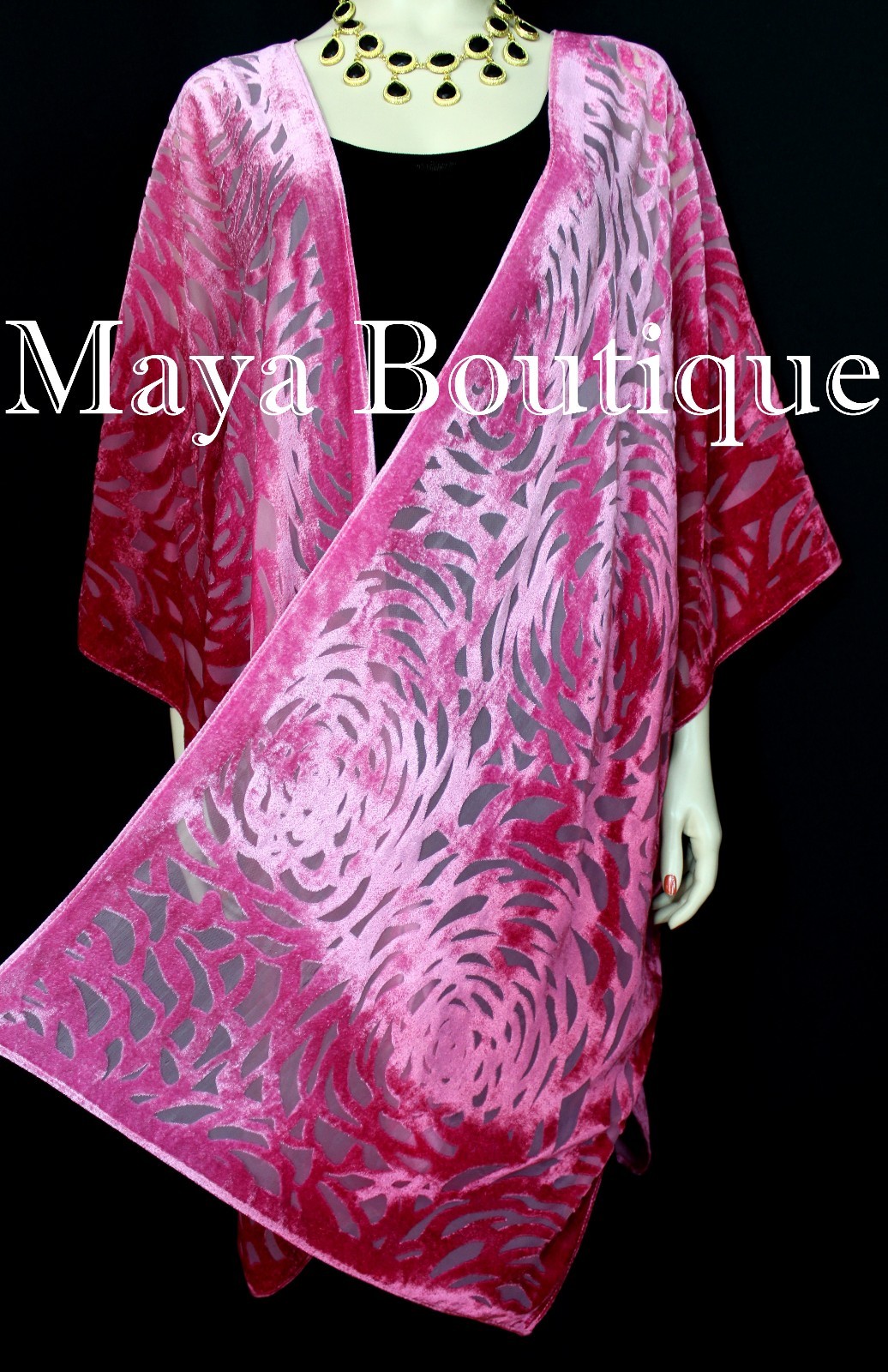 Pre-owned Maya Matazaro Pink Ombre Camellia Burnout Velvet Caftan Kimono Duster Hand Dyed