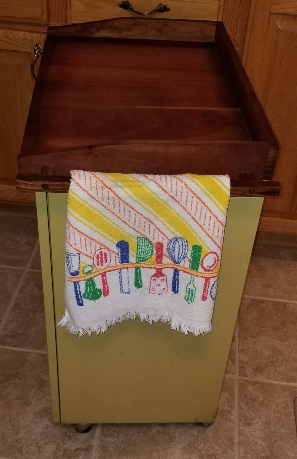 Vintage Mid Century Metal Kitchen Storage Cabinet, Walnut Cutting board top.NICE