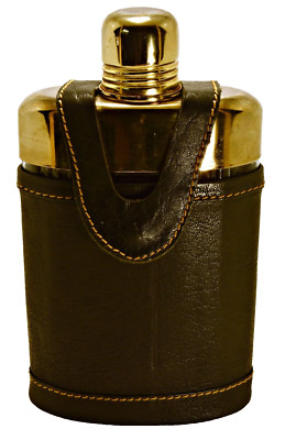 Vintage Glass Hip Flask with metal cap shot glass & leather cover 7.5'' × 4''