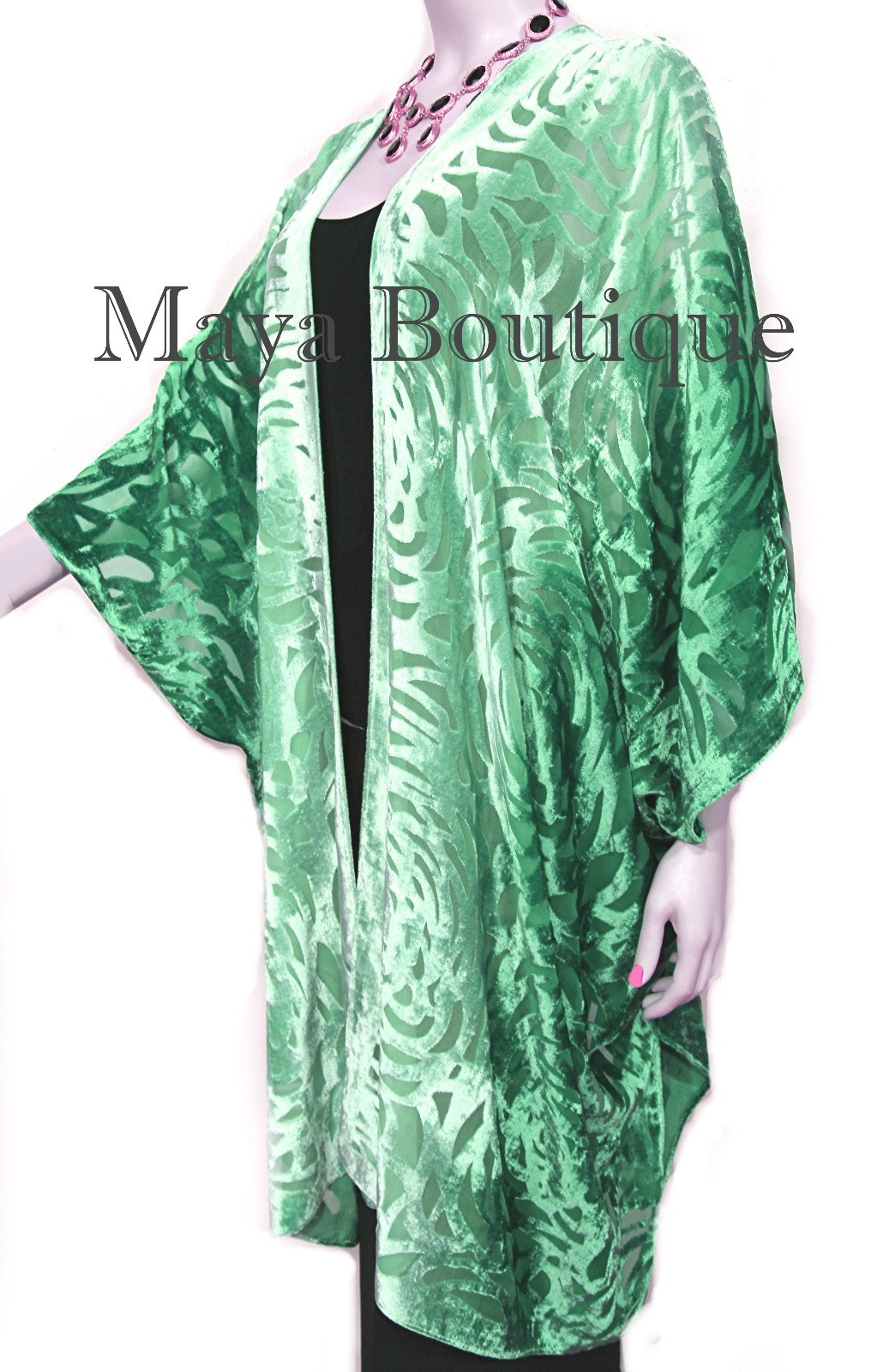 Pre-owned Maya Matazaro Emerald Green Camellia Burnout Velvet Caftan Kimono Ombre Hand Dye