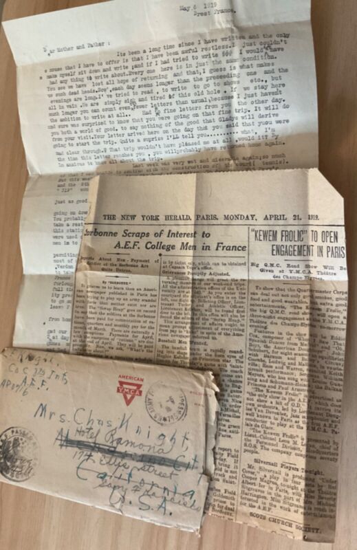 WWI AEF letter Co C 8th Inf lost hope of returning, gold chevron day, Knight