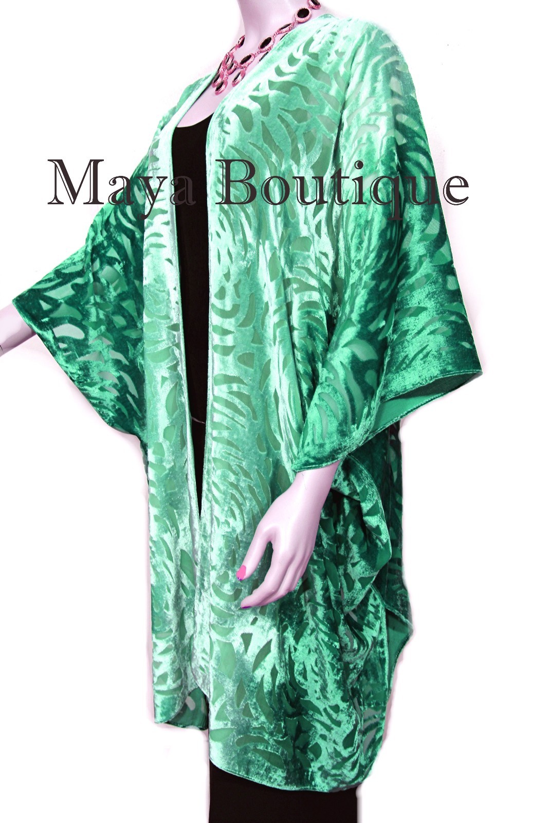 Pre-owned Maya Matazaro Emerald Green Camellia Burnout Velvet Caftan Kimono Ombre Hand Dye