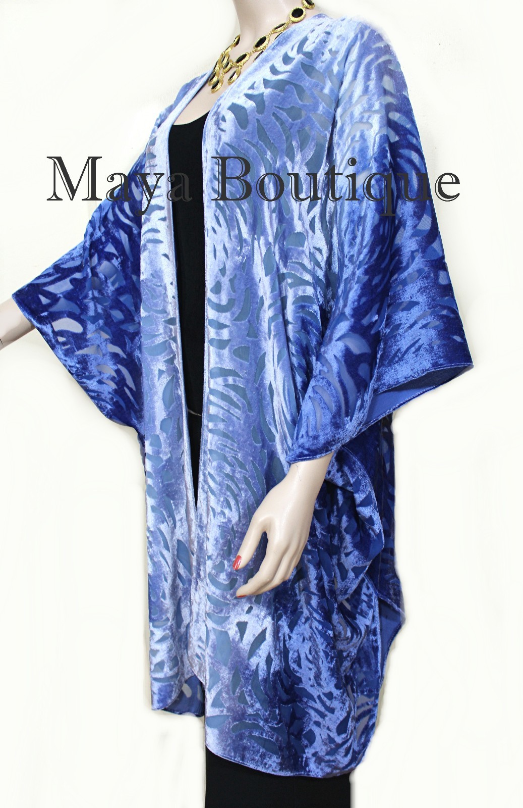 Pre-owned Maya Matazaro Niagara Blue Ombre Camellia Burnout Velvet Caftan Kimono Hand Dyed