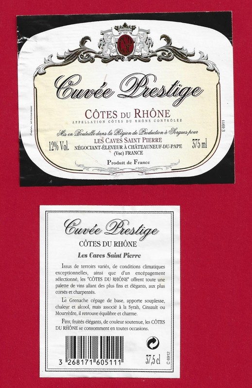 Vr44 Etiquette CÃ´Tes Du RhÃ´Ne Les Caves Saint-Pierre ChÃ¢Teaneuf Contenance 375ml