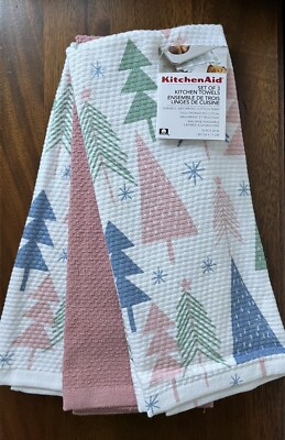 KitchenAid Hand Dish Towel Kitchen Pink Blue Green Christmas Tree Snow Set of 3
