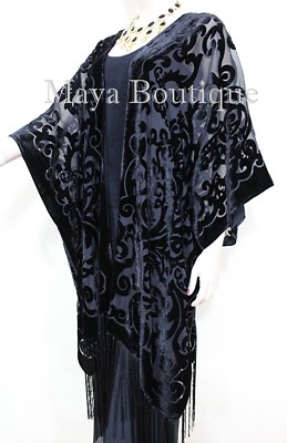 Pre-owned Maya Matazaro Art Nouveau Black Caftan Kimono Duster Burnout Velvet  Made In Usa