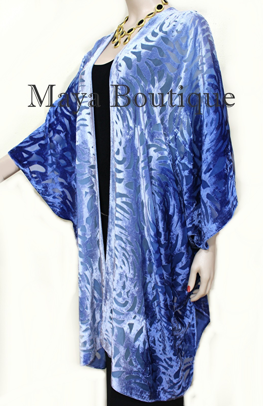 Pre-owned Maya Matazaro Niagara Blue Ombre Camellia Burnout Velvet Caftan Kimono Hand Dyed