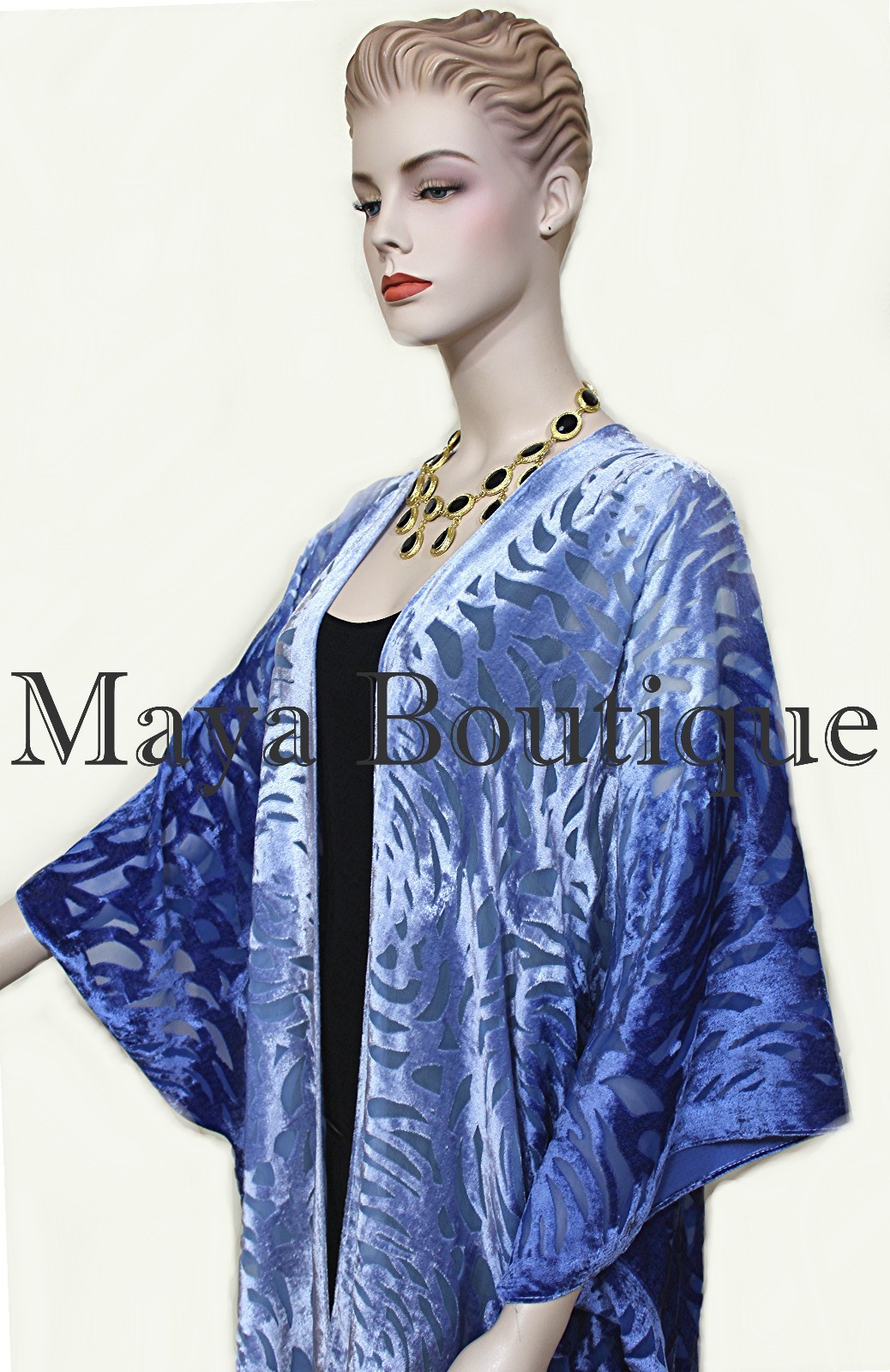 Pre-owned Maya Matazaro Niagara Blue Ombre Camellia Burnout Velvet Caftan Kimono Hand Dyed